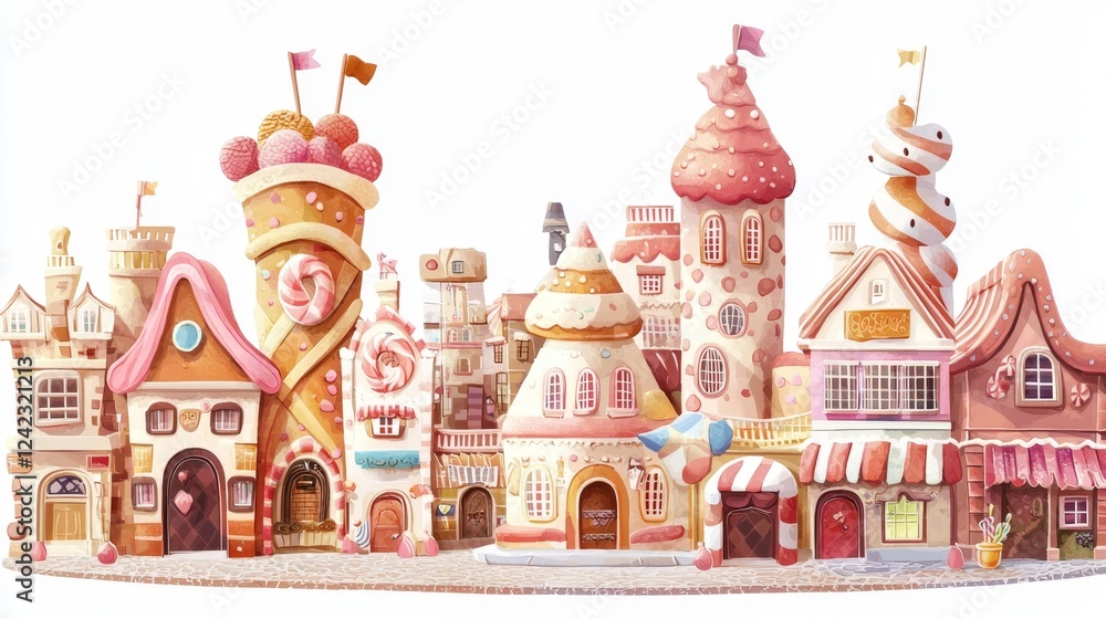 Whimsical Candyland Village with Colorful Houses, Delicious Treats, and Charming Details in a Playful Illustration Style Whimsical Candyland Village with Colorful Houses, Delicious Treats, and Charming Details in a Playful Illustration Style