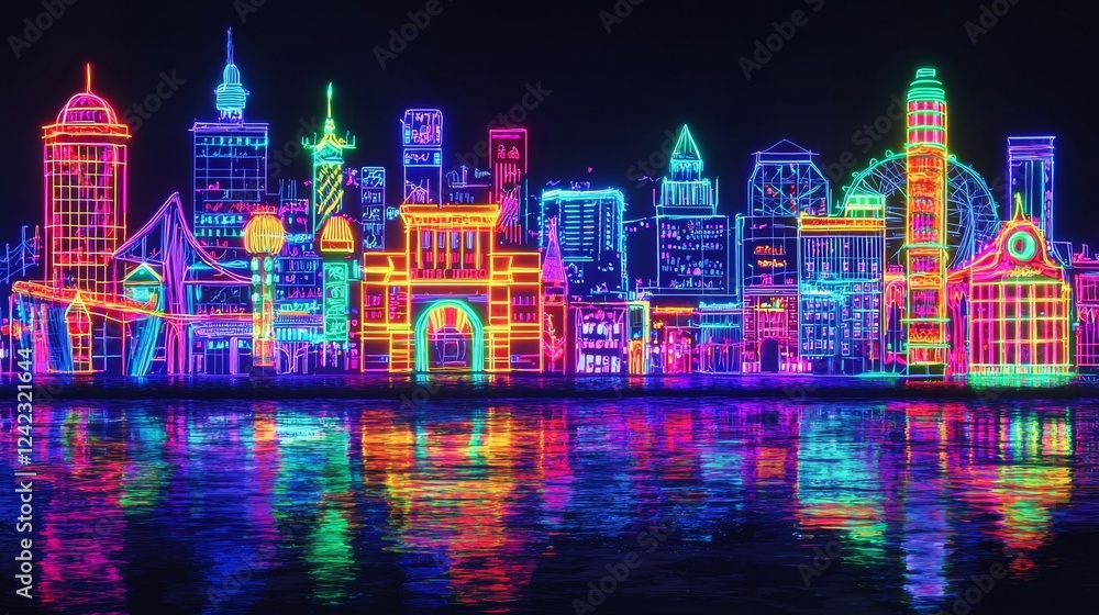 Obraz premium Colorful Neon Skyline with Reflections at Night Over Water in a Vibrant Urban Environment