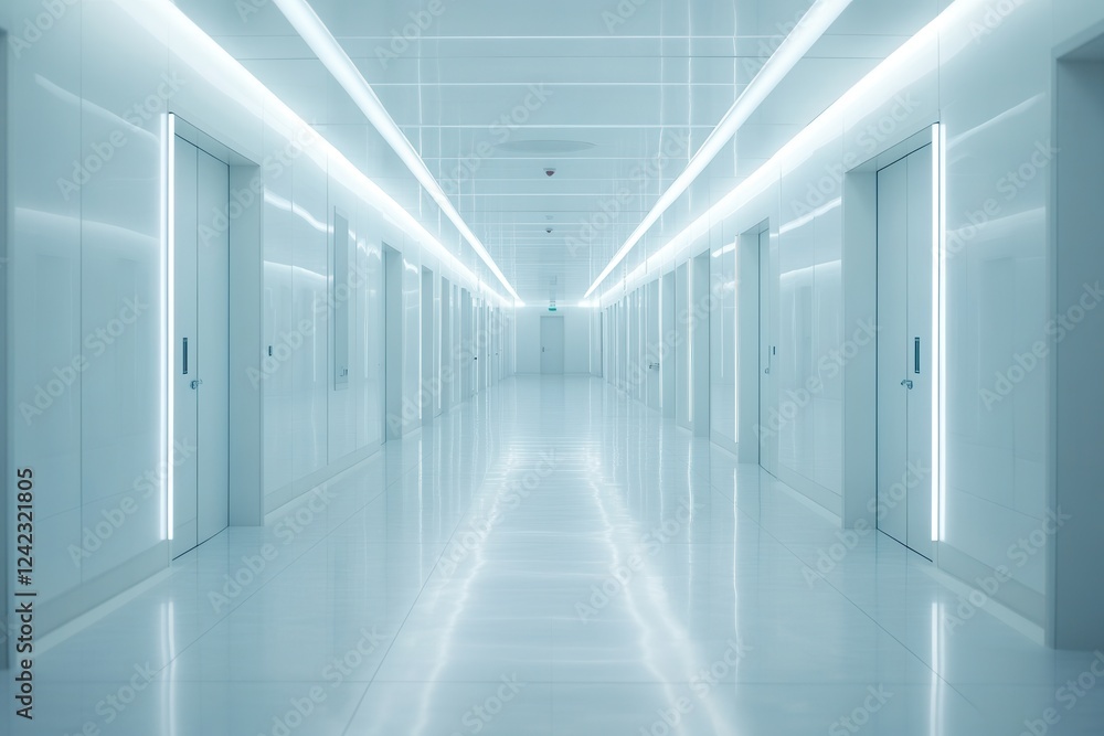Long hallway with white walls and floor leading to an open space at the end Long hallway with white walls and floor leading to an open space at the end