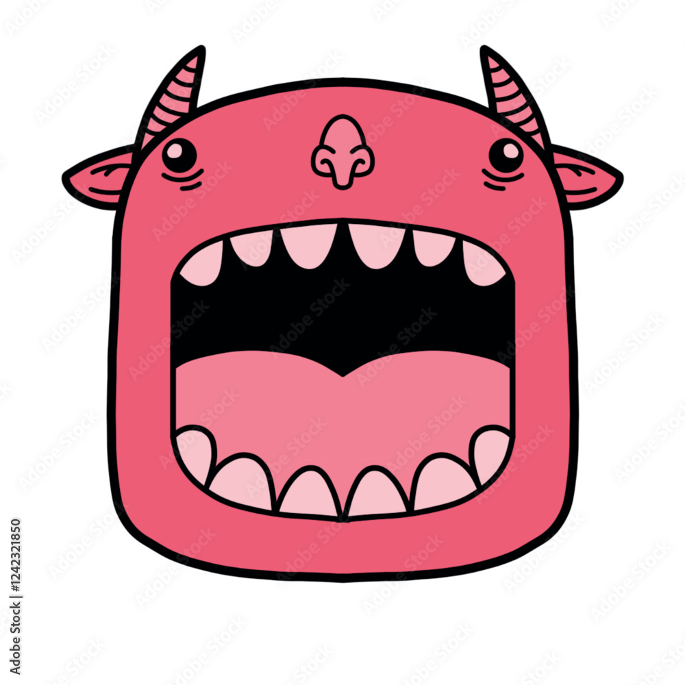 Naklejka premium A cartoon monster with a big mouth and horns