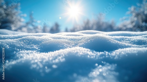 Sunny winter field covered with snow and trees. Use for holiday or nature ads
