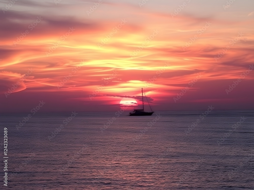 Fototapeta premium Solitude at Sunset: A solitary sailboat silhouetted against a breathtaking sunset, as fiery hues paint the sky in a dramatic display of nature's artistry.