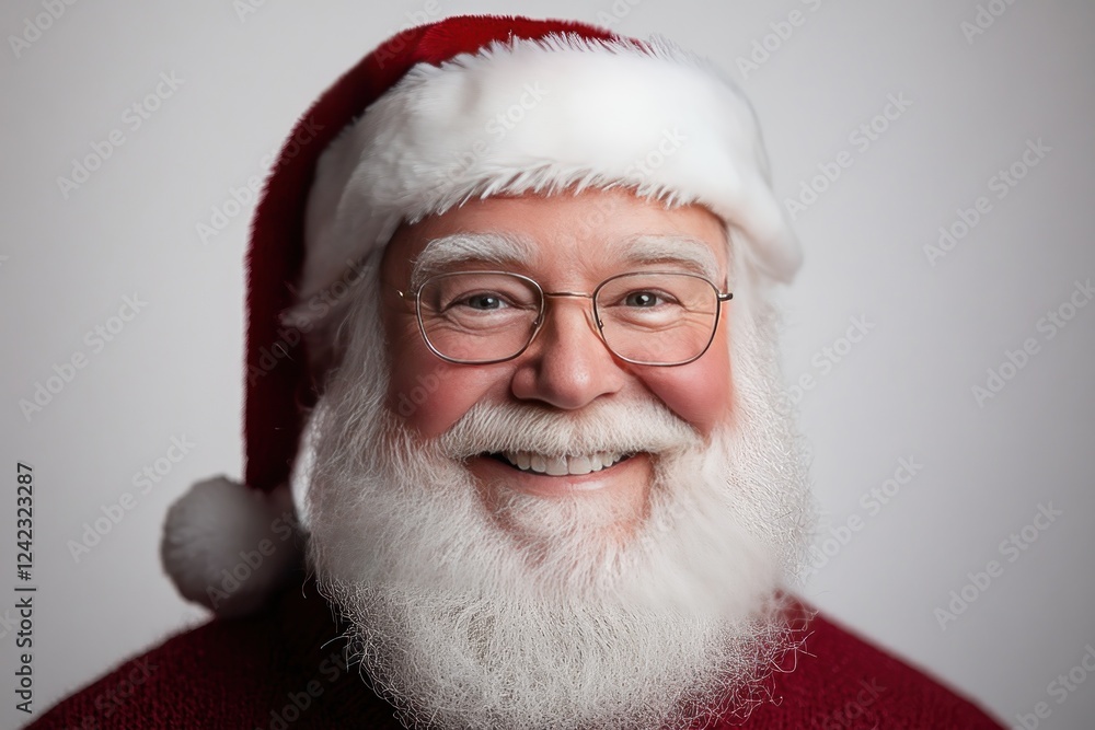 Smiling bearded man in red hat poses in studio, neutral background, holiday use Smiling bearded man in red hat poses in studio, neutral background, holiday use