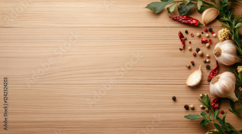 Fresh garlic, herbs, and spices arranged on wooden table, creating vibrant culinary scene. Perfect for food preparation or recipe backgrounds
