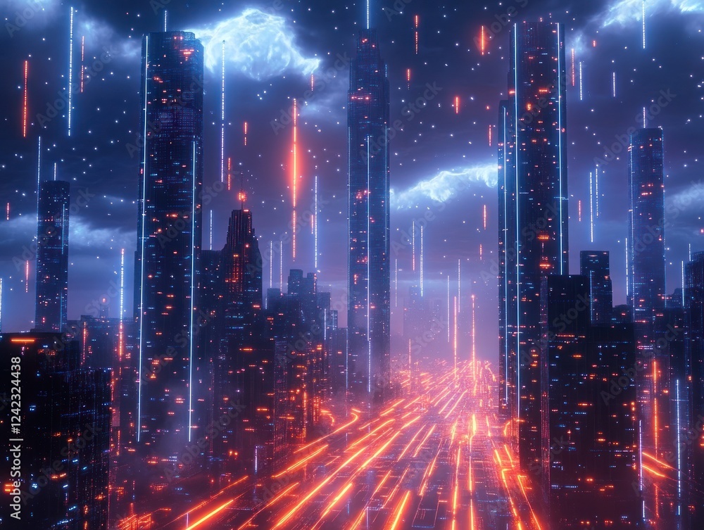 Futuristic city, neon lights, data rain, highway, digital art Futuristic city, neon lights, data rain, highway, digital art
