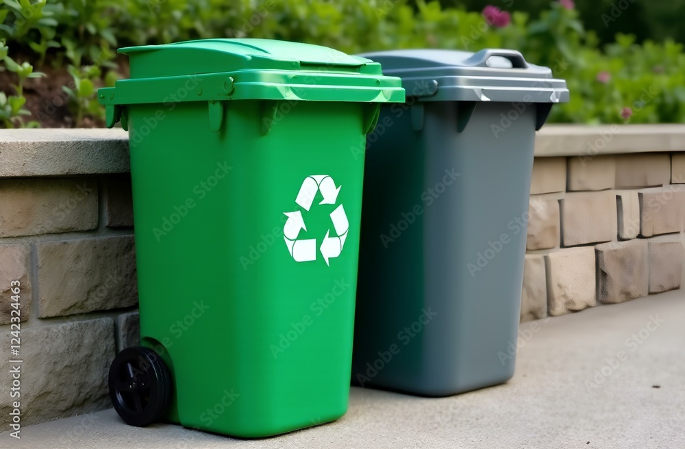 A recycle bin and a bin in the park A recycle bin and a bin in the park