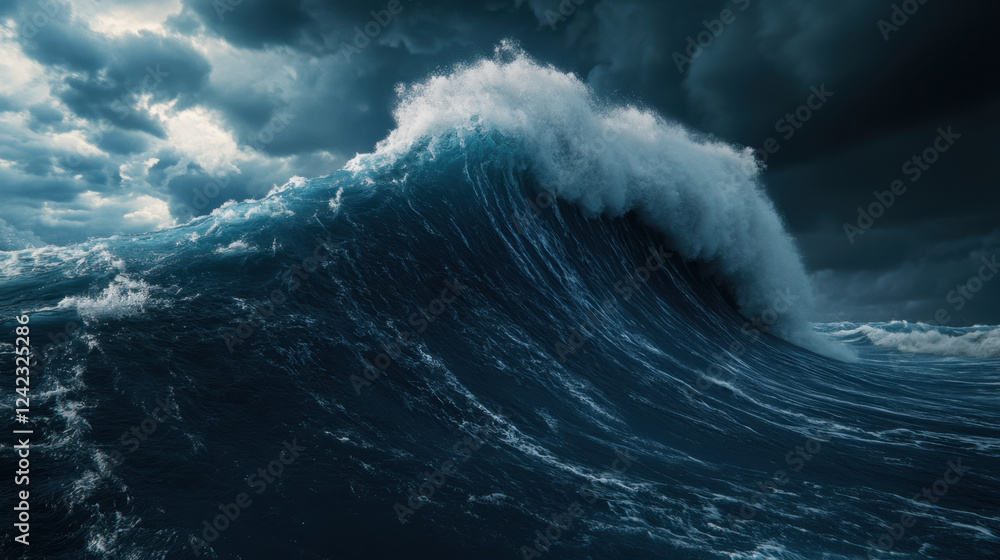 powerful ocean wave crashing against dark stormy sky, showcasing nature raw energy and beauty. scene evokes sense of awe and intensity