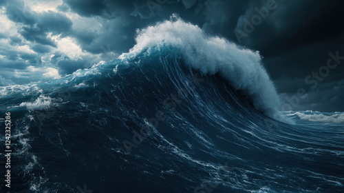 powerful ocean wave crashing against dark stormy sky, showcasing nature raw energy and beauty. scene evokes sense of awe and intensity