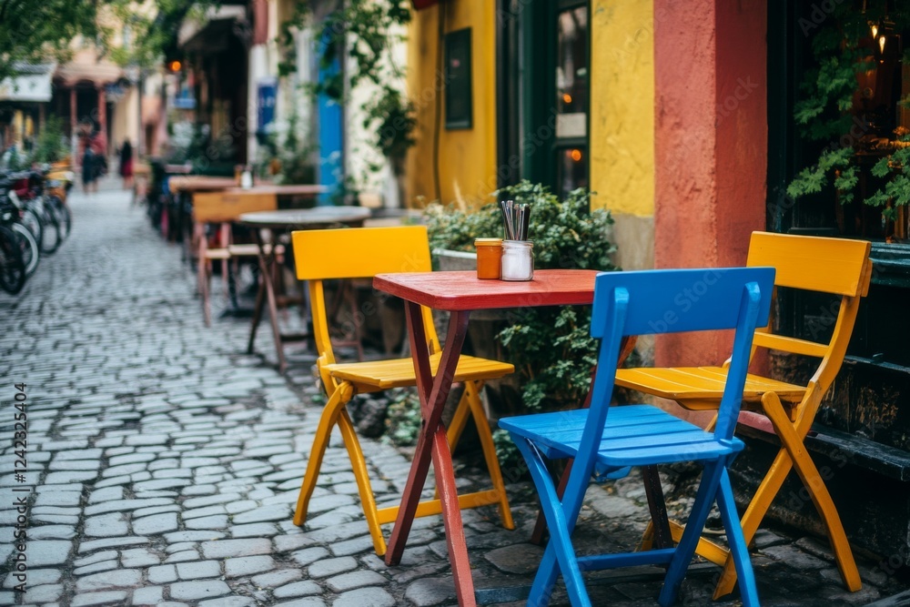 Naklejka premium Outdoor café with colorful tables and chairs
