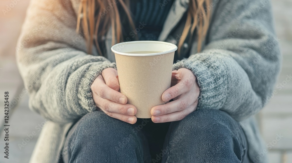 Volunteer Offering Warm Sou in Paper Cup to Those in Need Volunteer Offering Warm Sou in Paper Cup to Those in Need