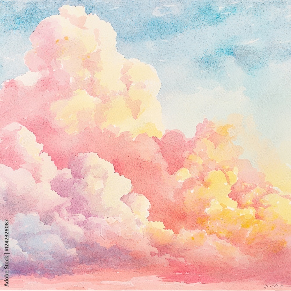 Fototapeta premium Soft pastel-colored watercolor clouds blending pink, yellow, and white hues against a serene blue sky for dreamy compositions