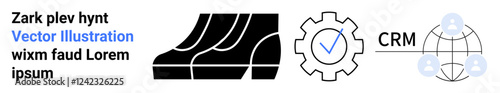 Gear with a checkmark, abstract steps, and CRM network represent process management and global connections. Ideal for teamwork, automation, organization, networking, success, growth flat landing