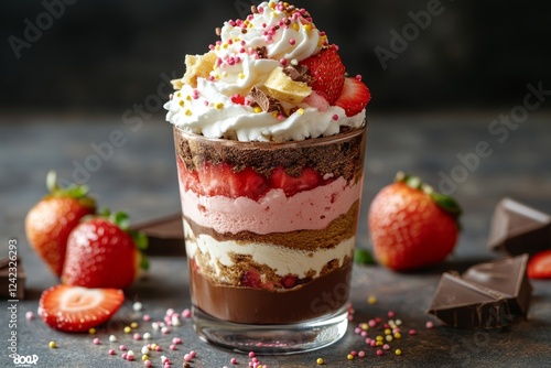 Strawberry chocolate dessert parfait, layered, delicious, dark background, food photography