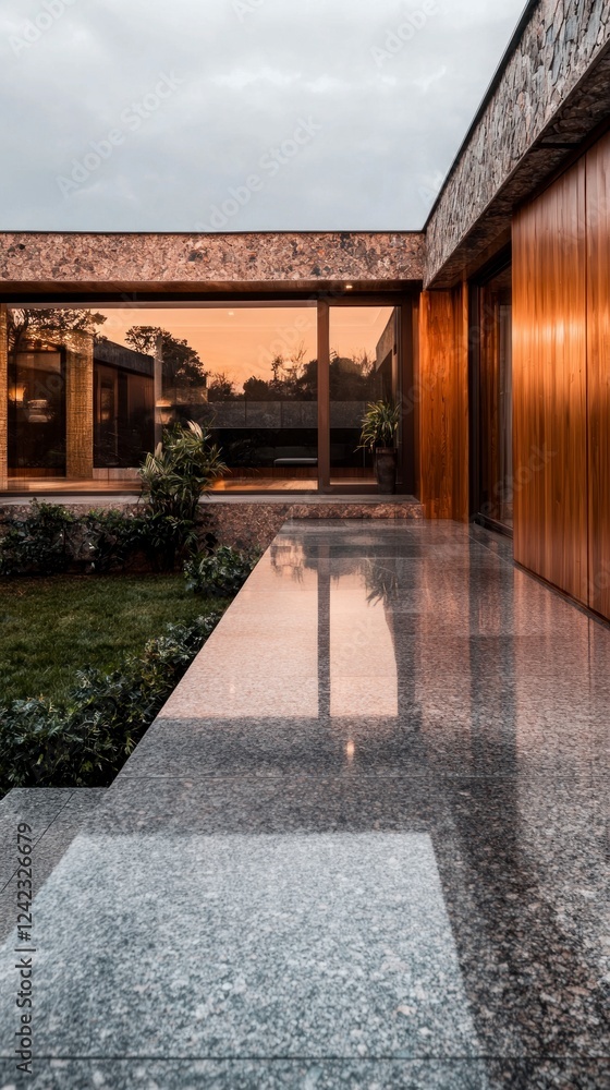 Modern House Exterior Stone Wood Glass Sunset Reflection Modern House Exterior Stone Wood Glass Sunset Reflection