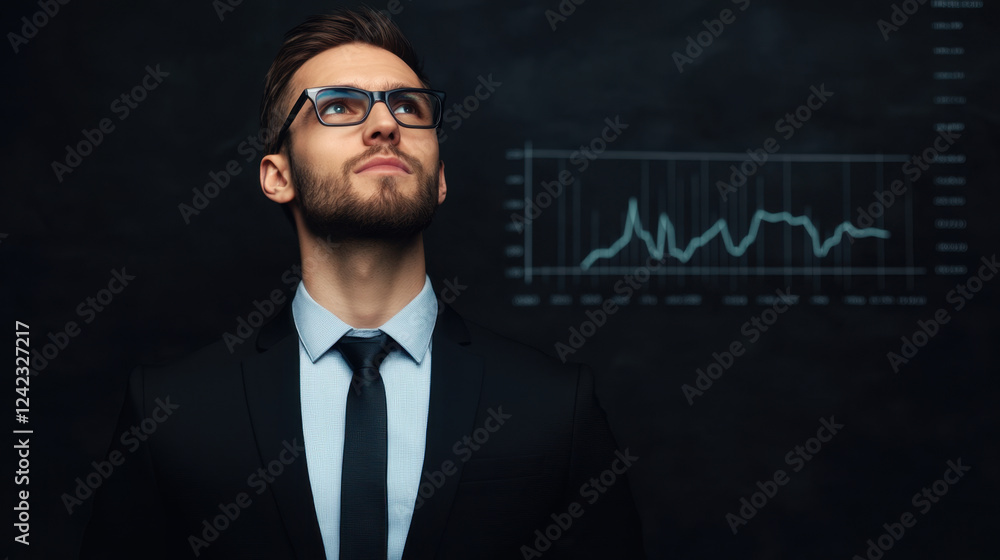 stylish businessman in suit gazes thoughtfully at charts on dark background, reflecting on data trends and insights stylish businessman in suit gazes thoughtfully at charts on dark background, reflecting on data trends and insights