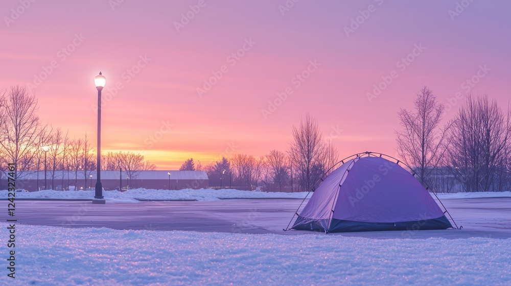 Crisp Winter Sunrise over a Tent in a Serene Snowy Landscape Crisp Winter Sunrise over a Tent in a Serene Snowy Landscape