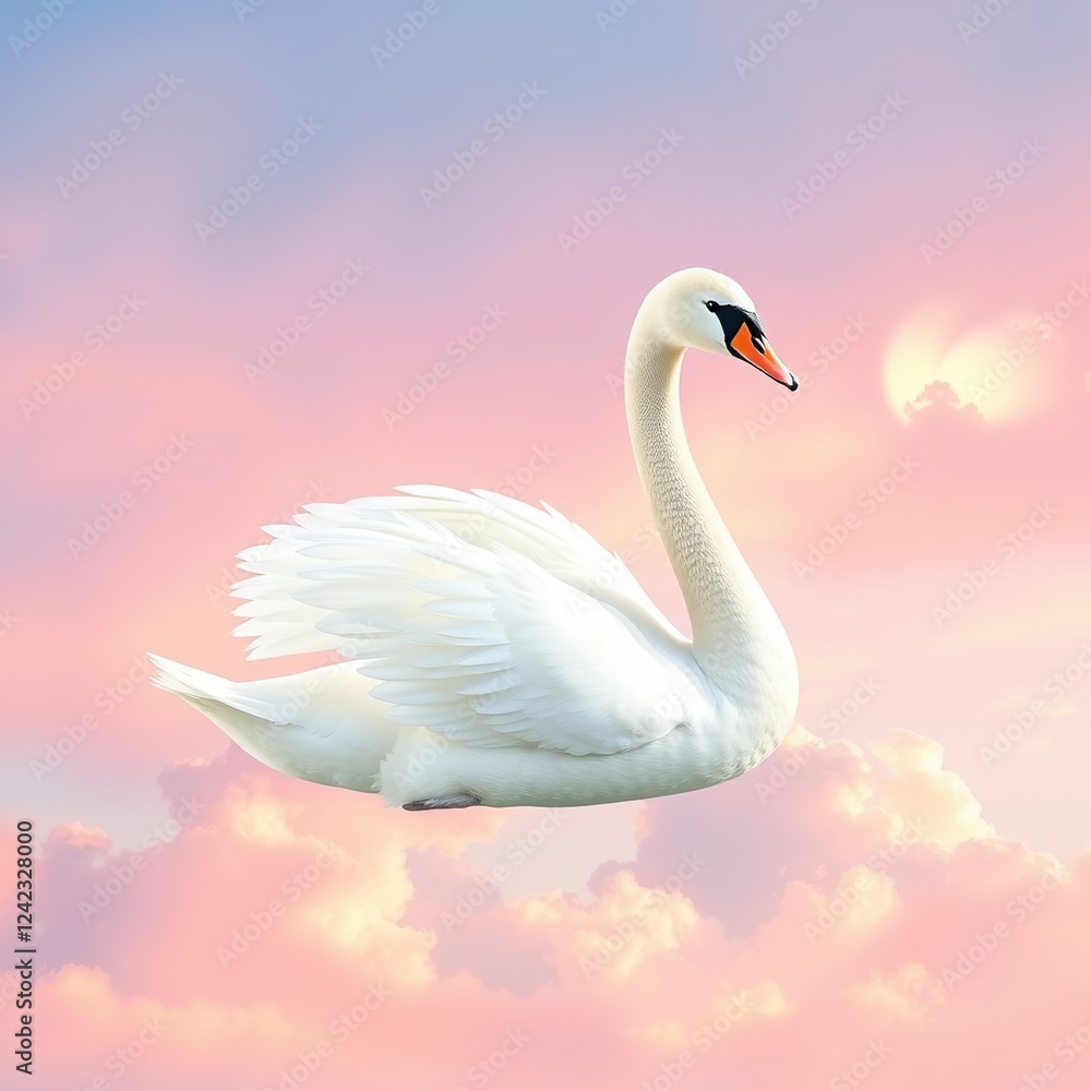Fototapeta premium Swan's Majestic Flight Against a Pastel Canvas