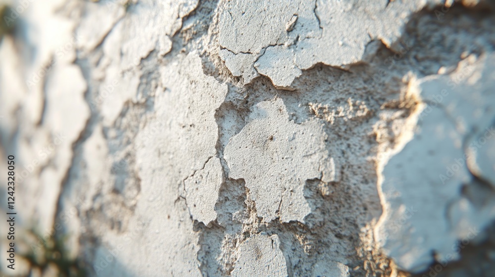 Close-up of flaking white paint on stone wall, green grass blurred in background Close-up of flaking white paint on stone wall, green grass blurred in background