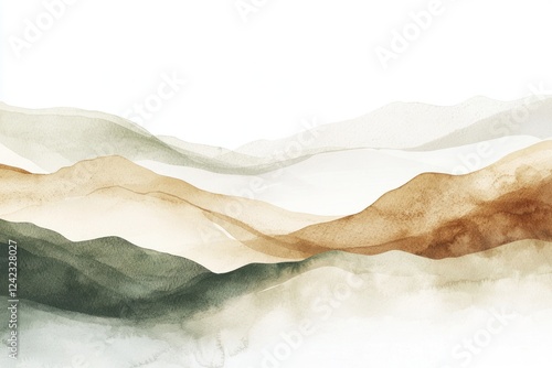 Watercolor painting of abstract mountain layers in earthy tones creating a serene and natural landscape aesthetic