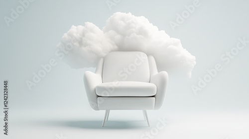 white fluffy armchair appears to float among soft clouds, creating dreamy atmosphere. This unique design blends comfort with whimsical touch, perfect for modern interiors