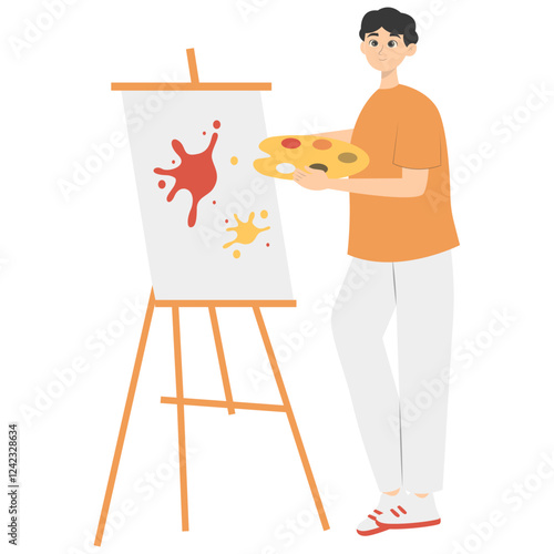 Illustration of People Painting at Canvas. Isolated on White Background. Vector Cartoon Character