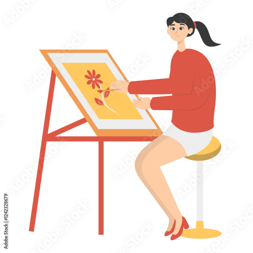 Illustration of People Painting at Canvas. Isolated on White Background. Vector Cartoon Character