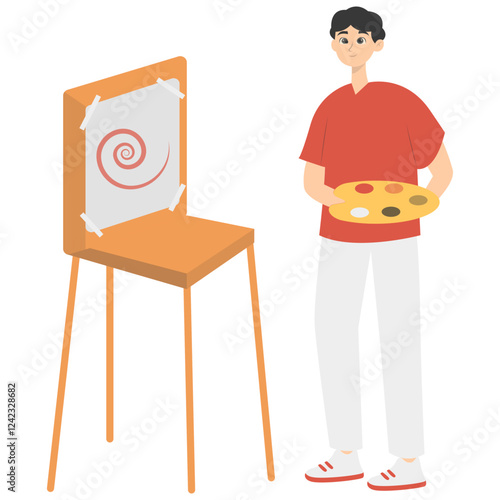 Illustration of People Painting at Canvas. Isolated on White Background. Vector Cartoon Character