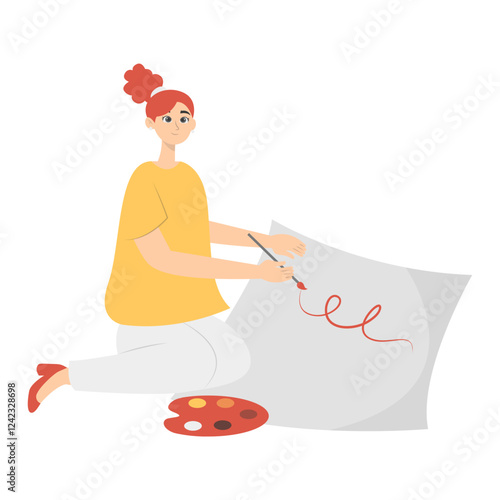 Illustration of People Painting at Canvas. Isolated on White Background. Vector Cartoon Character