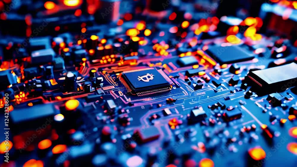 Close-up view of a vibrant computer circuit board showcasing intricate details and glowing components Close-up view of a vibrant computer circuit board showcasing intricate details and glowing components