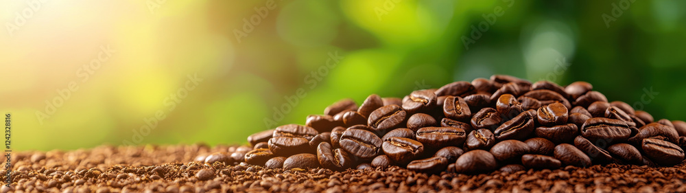 Fototapeta premium Freshly roasted coffee beans on textured surface with warm glow, creating cozy atmosphere. rich earthy tones enhance inviting feel of this coffee scene