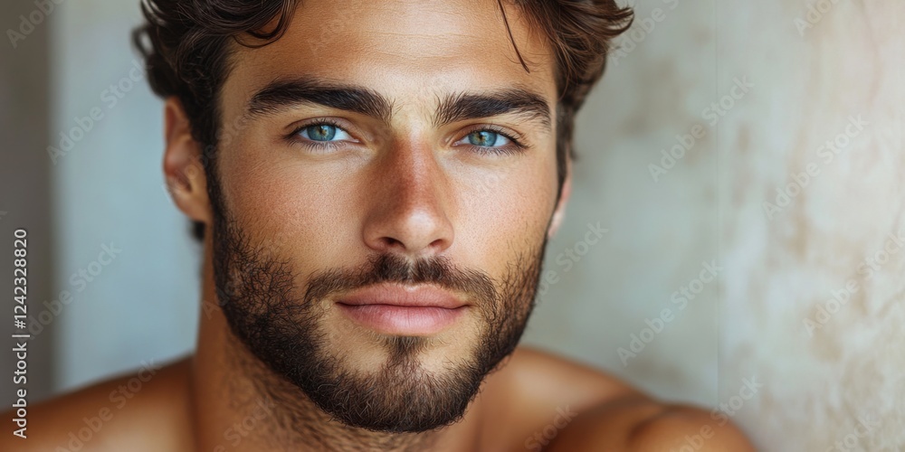 Obraz premium Portrait of a man with piercing blue eyes and stubble
