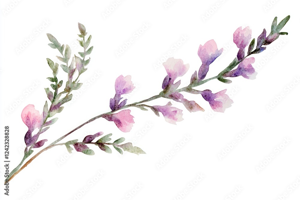 Obraz premium Elegant watercolor illustration of a delicate branch with pink and purple flowers and soft green leaves on a white background