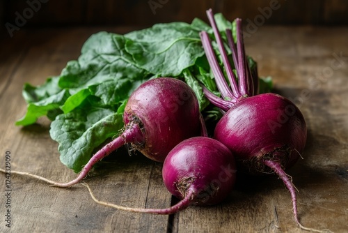 Fresh beets, rustic wood, dark background, healthy food photography