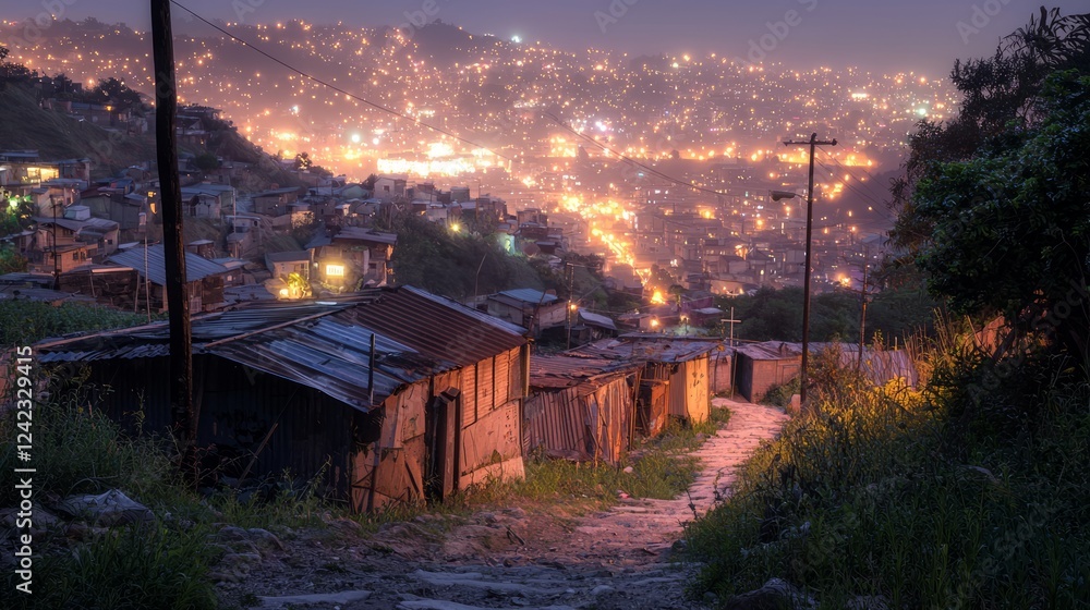 Obraz premium Winding Path on Hillside at Dusk with City Lights in Background