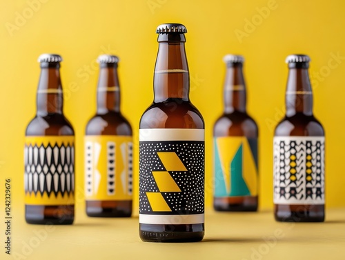 Artistic composition of craft beer bottles with colorful label design. Alcoholic brewed beverage.