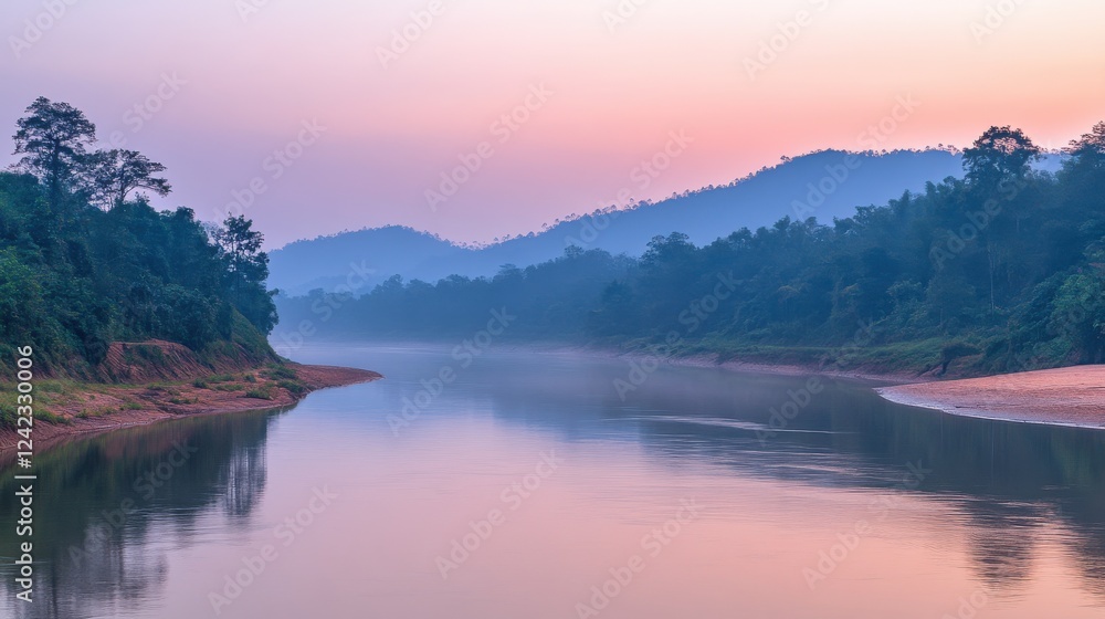 Fototapeta premium Serene River Landscape at Sunrise with Soft Focus