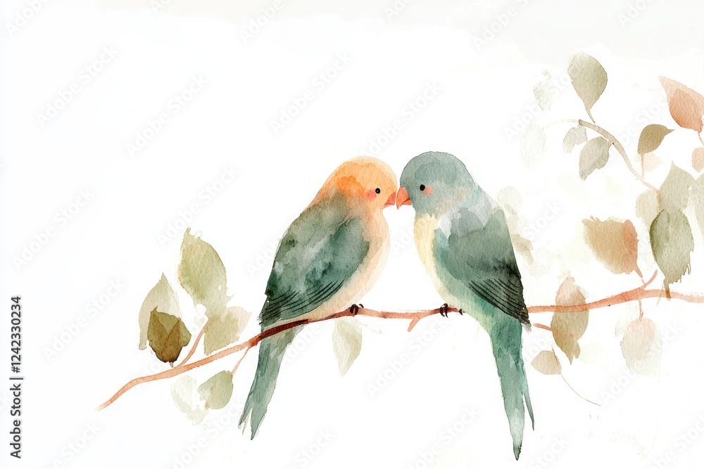 Obraz premium A delicate watercolor painting of two lovebirds perched on branches surrounded by soft pastel foliage symbolizing love and connection