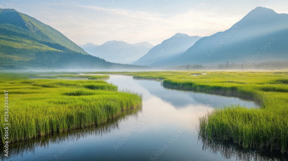 Fototapeta premium Serene River Reflections at Sunrise Over Mountains