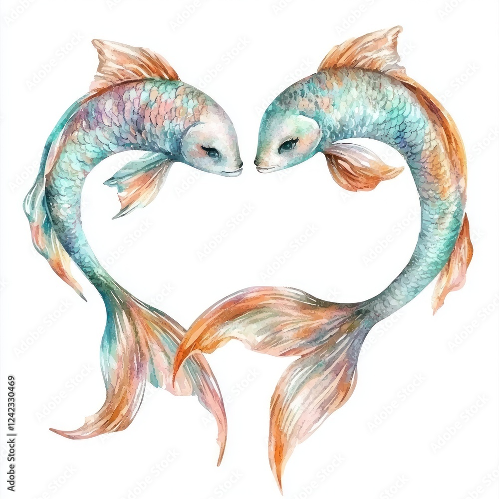 Obraz premium Elegant watercolor illustration of two colorful fish swimming in a heart shape, symbolizing love, harmony, and connection