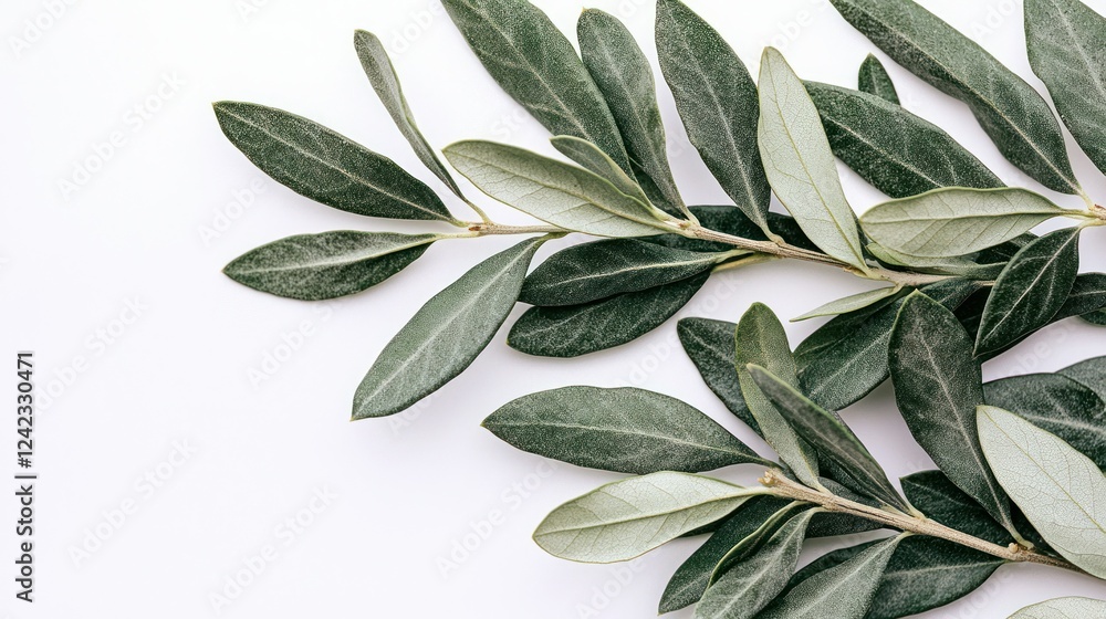 Obraz premium Olive branches, white background, flatlay, greenery, design