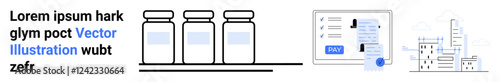 Three medicine bottles lined up, a digital form interface with a submit button, and a cityscape with data elements. Ideal for healthcare, technology innovation, urban data analysis, product design