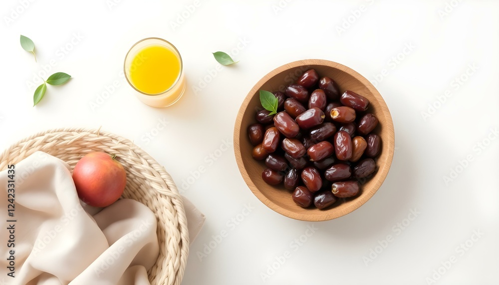 Minimalist table setting featuring a wooden bowl of dates, a fruit basket, and a glass of orange juice on a clean surface, accented with 1-2 green leaves, creating a fresh and elegant composition. Minimalist table setting featuring a wooden bowl of dates, a fruit basket, and a glass of orange juice on a clean surface, accented with 1-2 green leaves, creating a fresh and elegant composition.