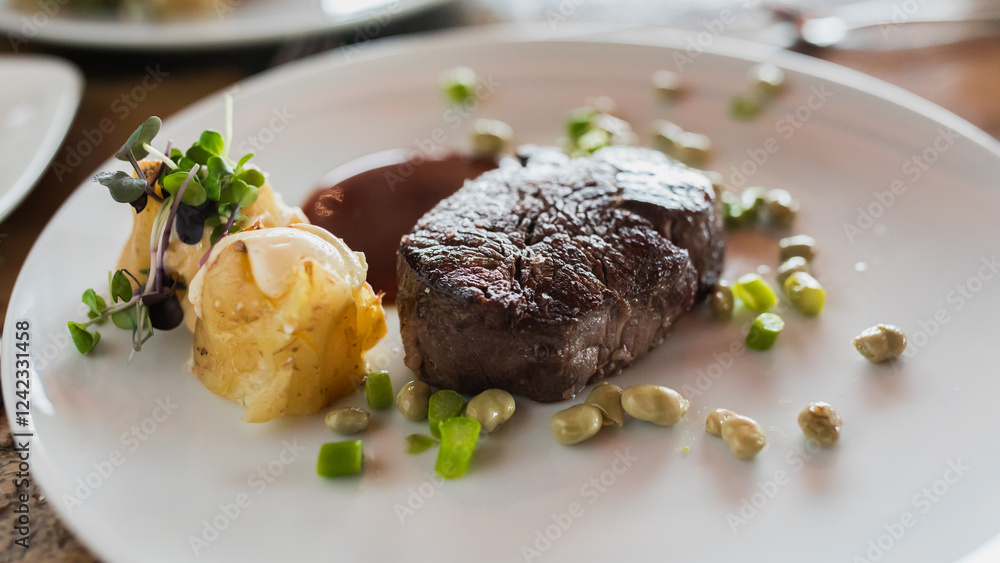 Beef tenderloin with boiled potatoes, and sauteed asparagus and small beans Beef tenderloin with boiled potatoes, and sauteed asparagus and small beans
