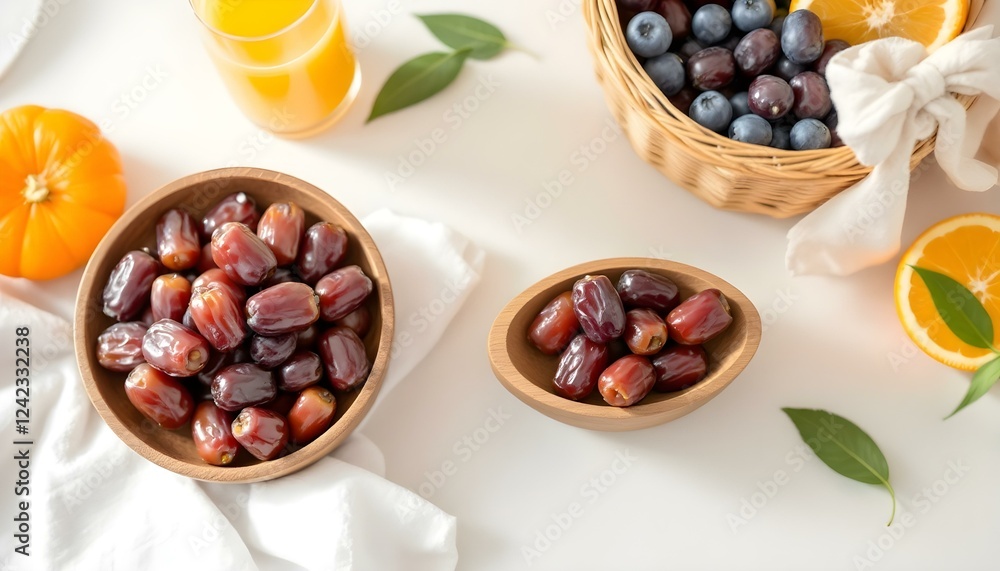 Minimalist table setting featuring a wooden bowl of dates, a fruit basket, and a glass of orange juice on a clean surface, accented with 1-2 green leaves, creating a fresh and elegant composition. Minimalist table setting featuring a wooden bowl of dates, a fruit basket, and a glass of orange juice on a clean surface, accented with 1-2 green leaves, creating a fresh and elegant composition.