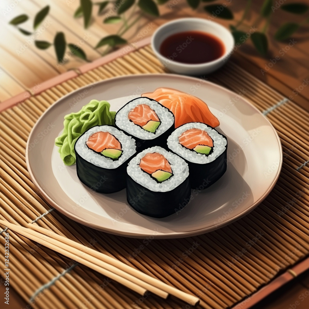 A colorful plate of sushi rolls on a bamboo mat with chopsticks and dipping sauce A colorful plate of sushi rolls on a bamboo mat with chopsticks and dipping sauce
