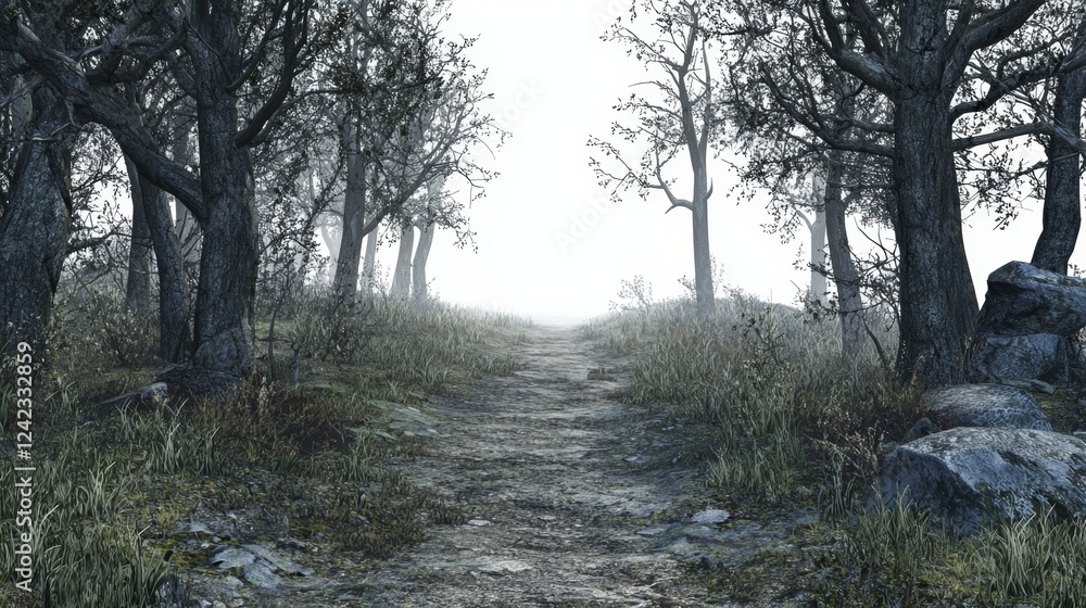Mystical Path Through Foggy Forest Surrounded by Leafless Trees and Rocky Terrain in a Dreamlike Setting