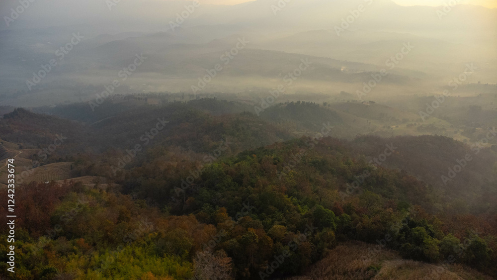 Beautiful sunrise on the mountain with fog in winter. The sun shines down on a serene mountain landscape covered with tropical trees in the early morning. Beautiful sunrise on the mountain with fog in winter. The sun shines down on a serene mountain landscape covered with tropical trees in the early morning.