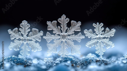Snowflakes closeup on textured icy surface with blurred dark background for holiday use