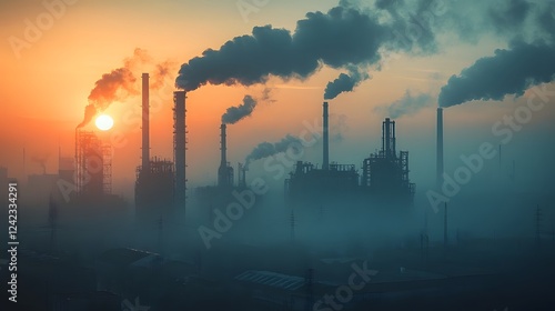 Toxic air pollution with dense industrial smog and PM2 5 particles engulfing an urbanized skyline creating a dangerous and ominous modern environmental crisis