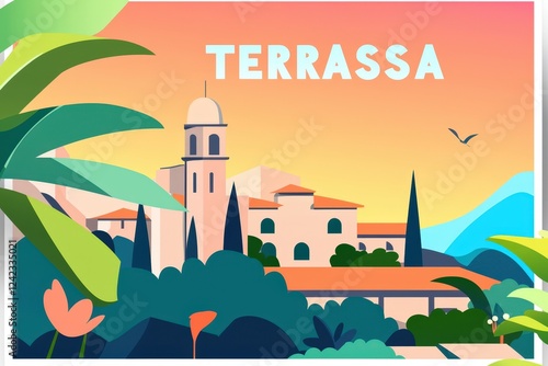 Artistic digital illustration of Terrassa, Spain, featuring the modernist Masia Freixa and Catalan Gothic architecture, set against a warm sunset sky.  . photo